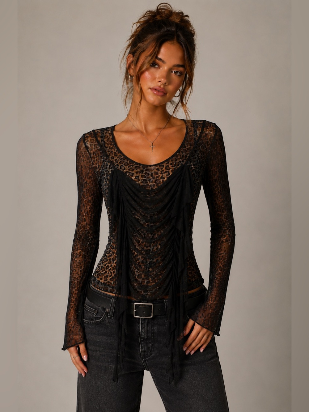 Y2K Sheer Leopard Blouse Black netting dark Whimsigoth festival